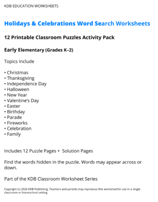 Holidays and Celebrations Word Search Worksheets - Early Elementary (Grades K-2)