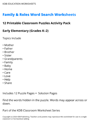 Family Roles Word Search Worksheets - Early Elementary (Grades K-2)