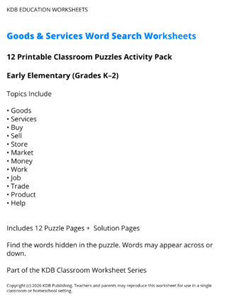 Goods and Services Word Search Worksheets - Early Elementary (Grades K-2)