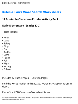 Rules and Laws Word Search Worksheets - Early Elementary (Grades K-2)