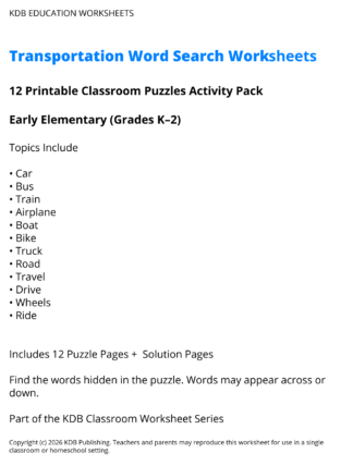 Transportation Word Search Worksheets - Early Elementary (Grades K-2)