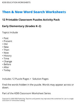 Then and Now Word Search Worksheets - Early Elementary (Grades K-2)
