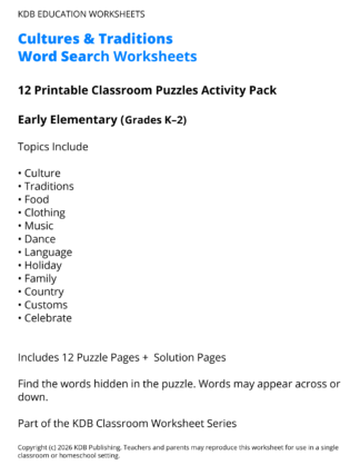 Cultures and Traditions Word Search Worksheets - Early Elementary (Grades K-2)