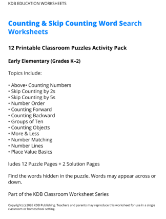 Counting and Skip Counting Word Search Worksheets - Early Elementary (Grades K-2)