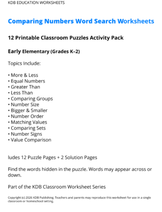 Comparing Numbers Word Search Worksheets - Early Elementary (Grades K-2)