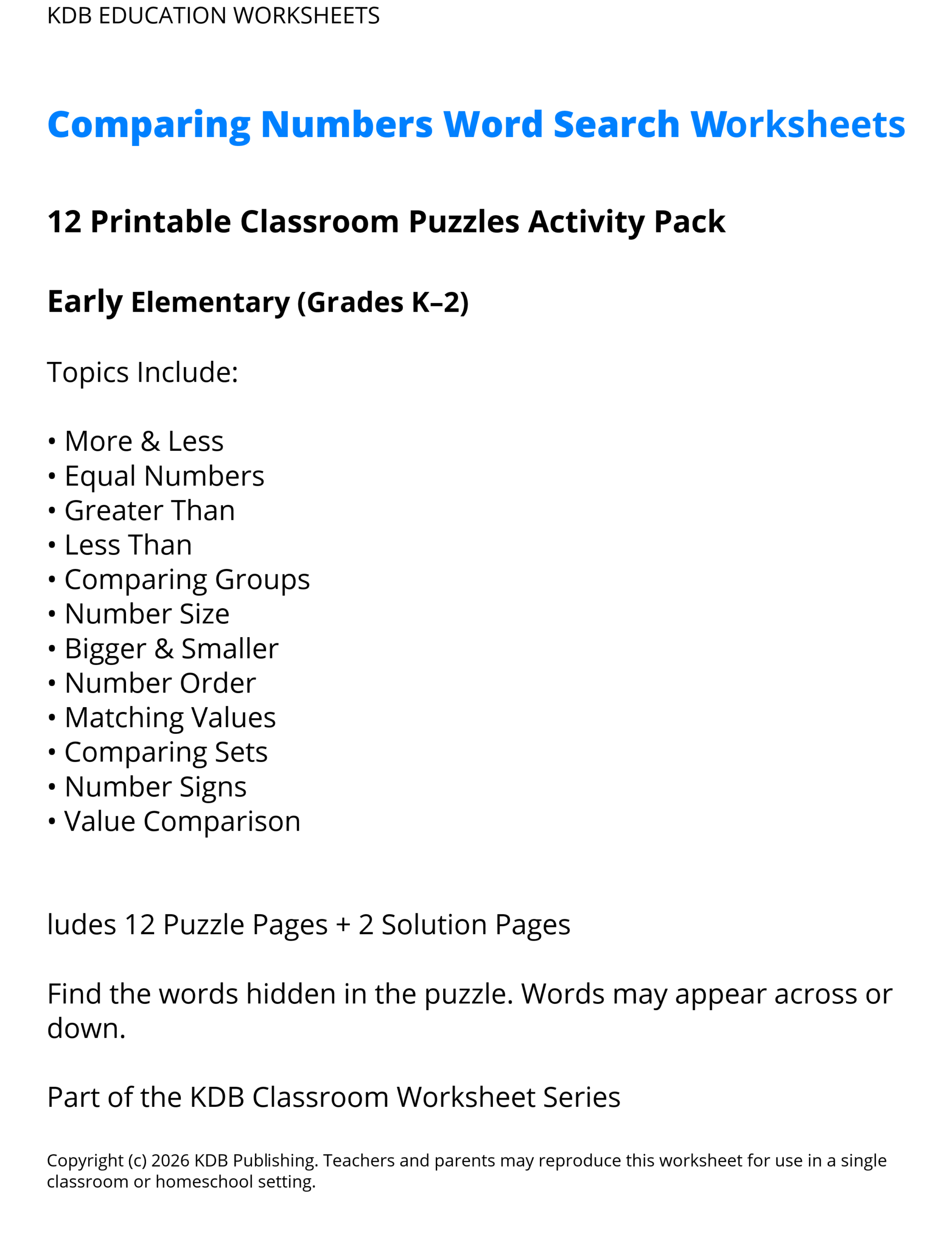 Comparing Numbers Word Search Worksheets - Early Elementary (Grades K-2)
