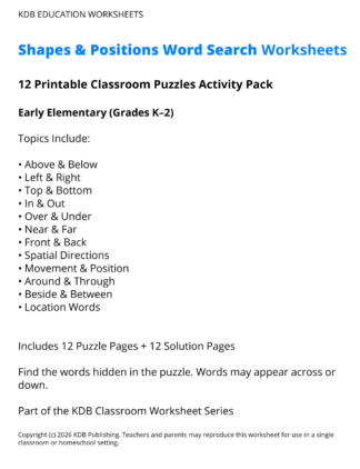 Shapes and Positions Word Search Worksheets - Early Elementary (Grades K-2)