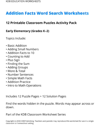 Addition Facts Word Search Worksheets - Early Elementary (Grades K-2)