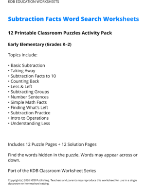 Subtraction Facts Word Search Worksheets - Early Elementary (Grades K-2)