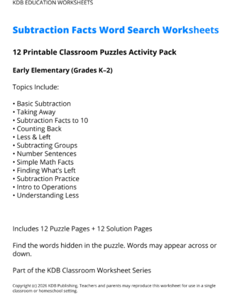 Subtraction Facts Word Search Worksheets - Early Elementary (Grades K-2)
