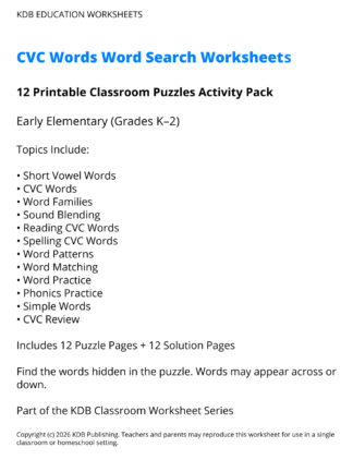 K-2 CVC Words Word Search Worksheets