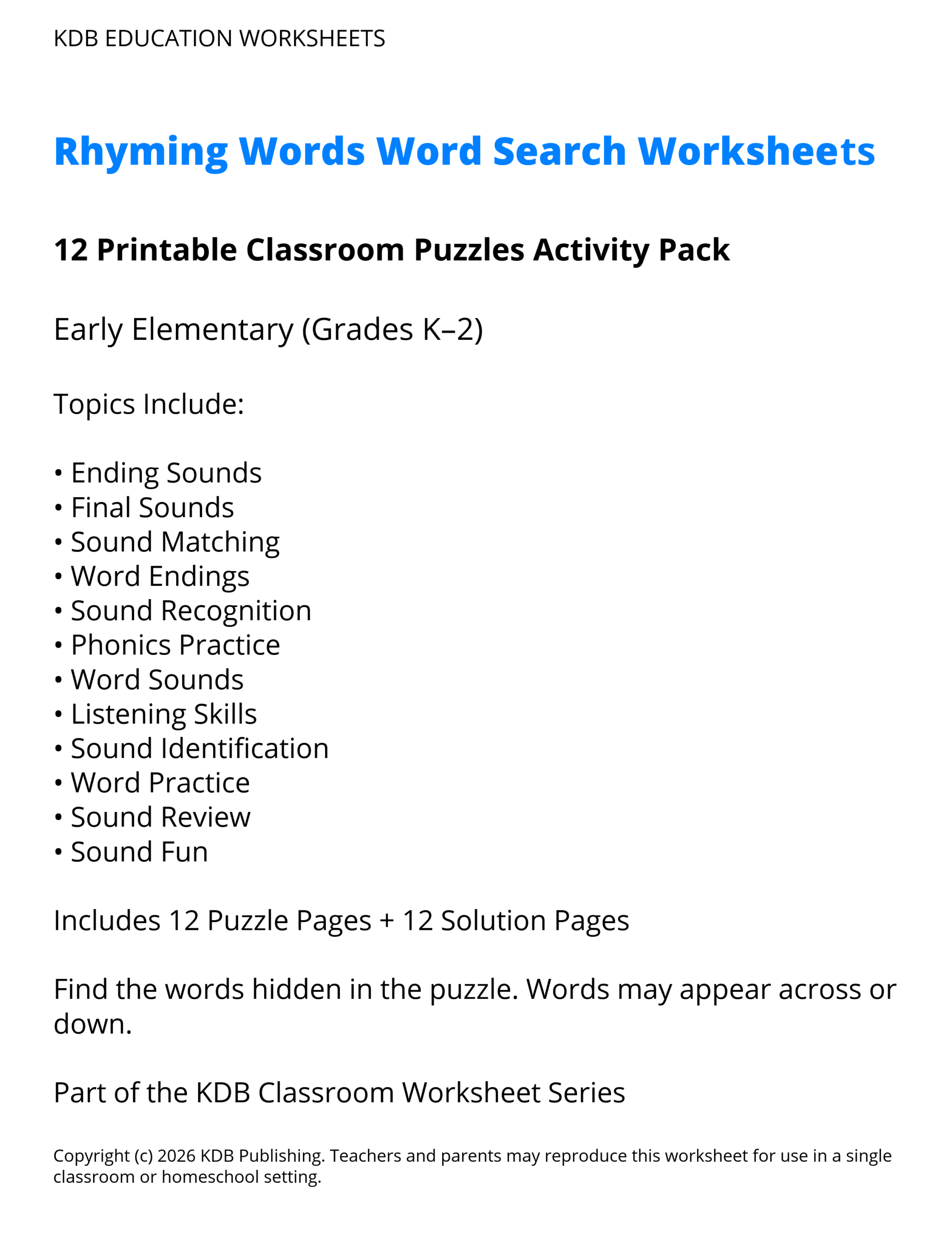 K-2 Rhyming Words Word Search Worksheets