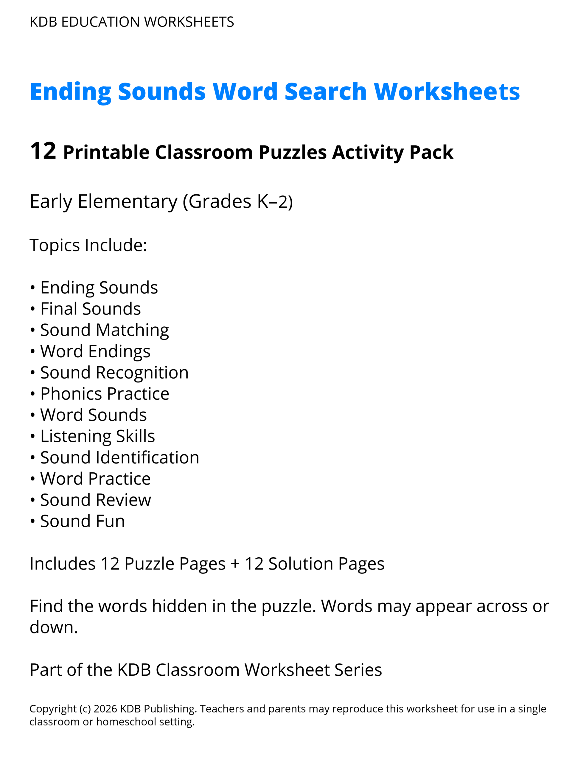 K-2 Ending Sounds Word Search Worksheets