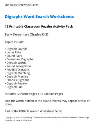 K-2 Digraphs Word Search Worksheets