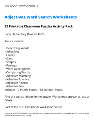 K-2 Adjectives Word Search Worksheets