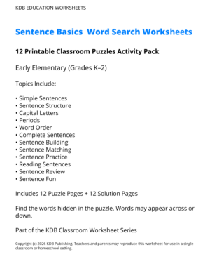 K-2 Sentence Basics Word Search Worksheets