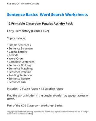 K-2 Sentence Basics Word Search Worksheets