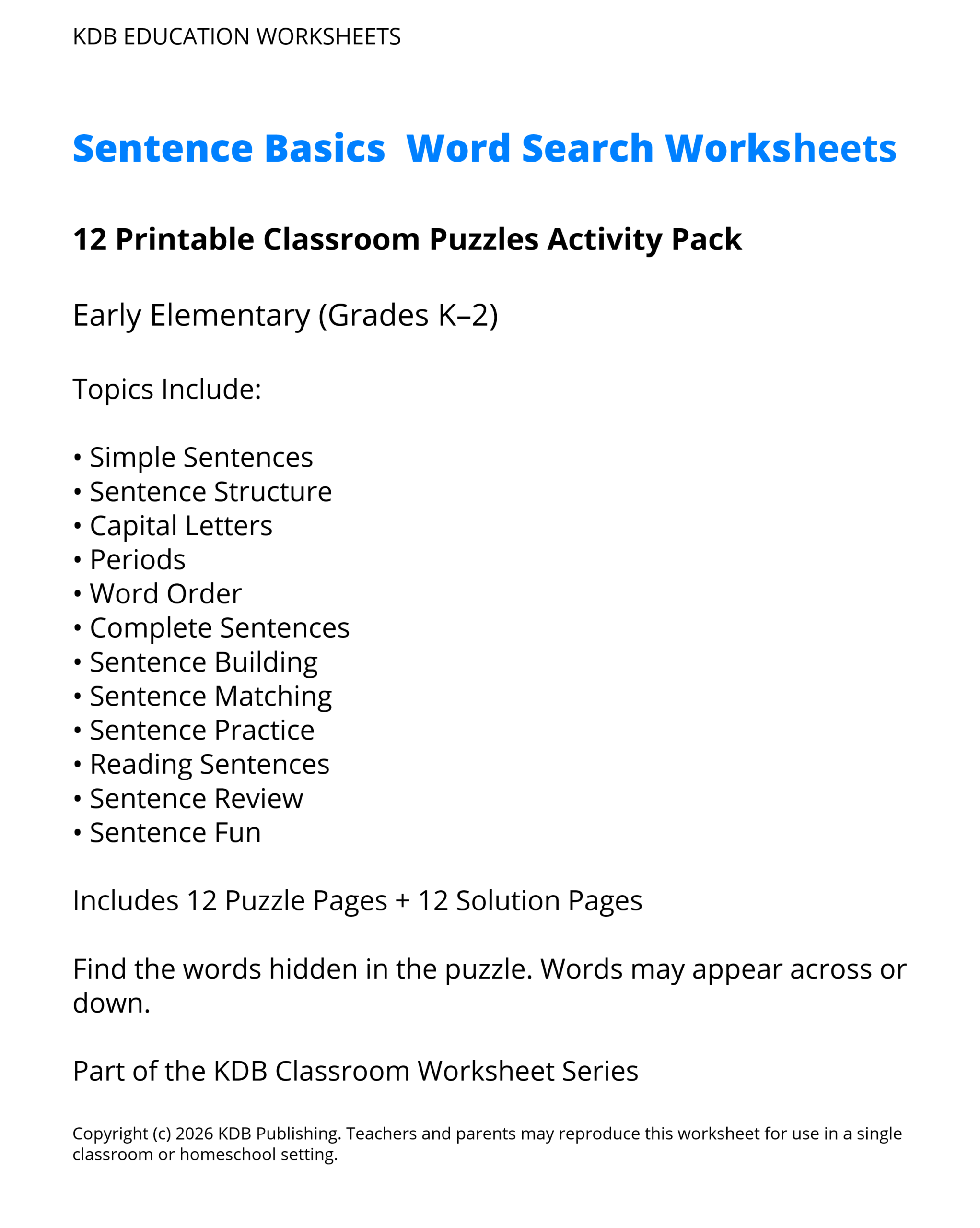 K-2 Sentence Basics Word Search Worksheets