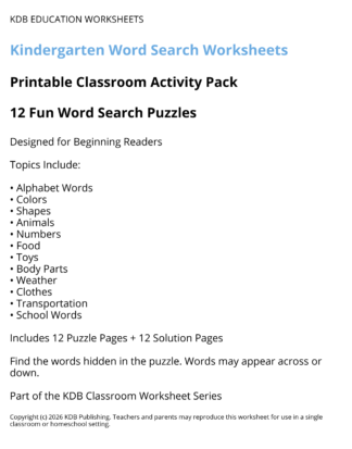 Kindergarten Word Search Worksheets – 12 Printable Classroom Puzzles